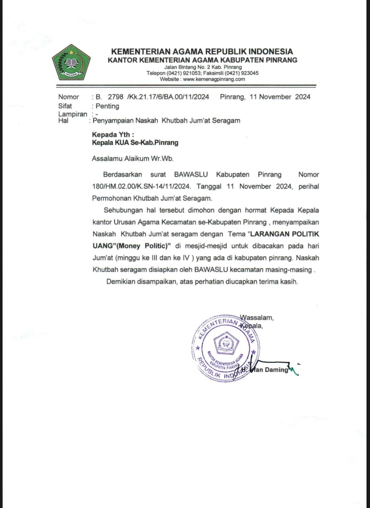 Surat penyampaian terkait khutbah seragam