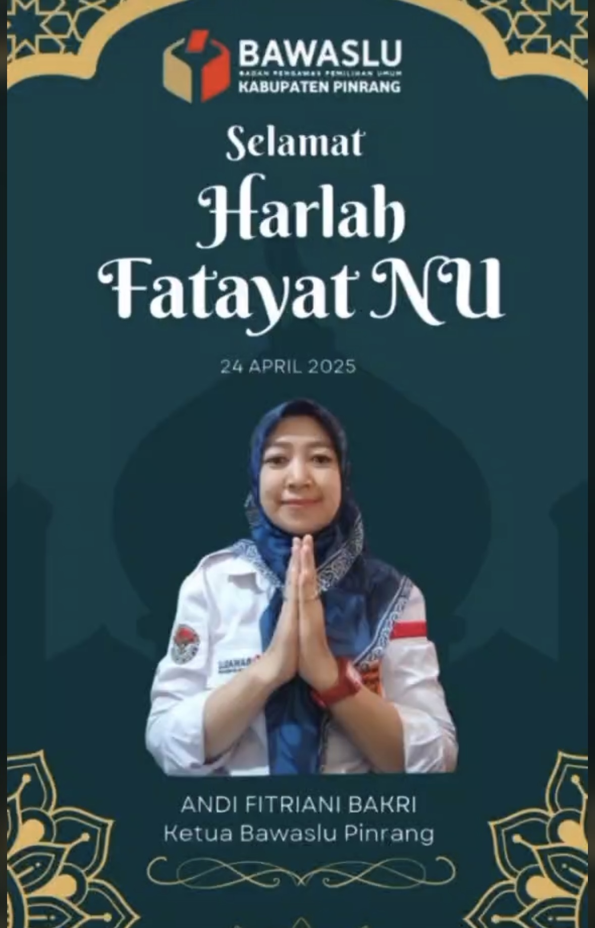 Ketua Bawaslu Pinrang, Andi Fitriani Bakri, Ucapkan Selamat Harlah ke-74 Fatayat NU
