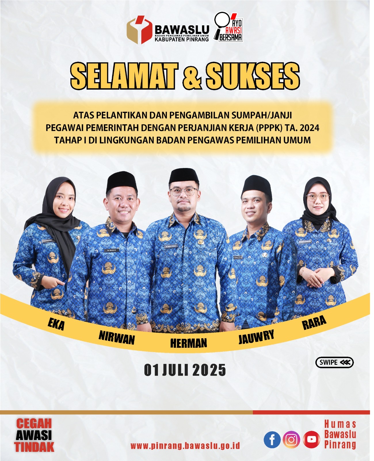 LIMA ORANG PPPK BAWASLU PINRANG RESMI DILANTIK, BAGIAN DARI FORMASI TAHUN 2024 TAHAP I