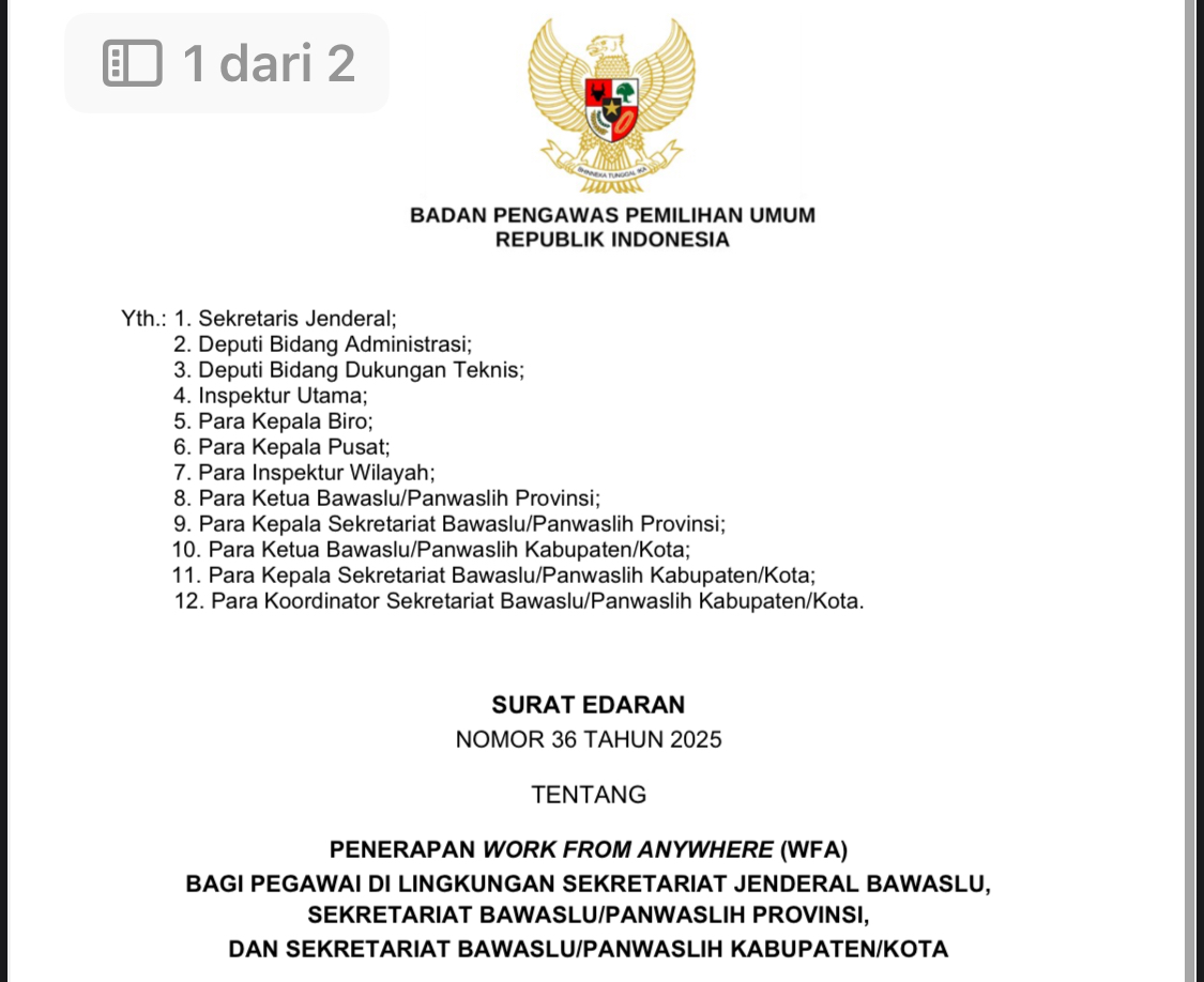 BAWASLU RI TERBITKAN SURAT EDARAN NOMOR 36 TAHUN 2025, IMBAU PEGAWAI LAKSANAKAN WFA